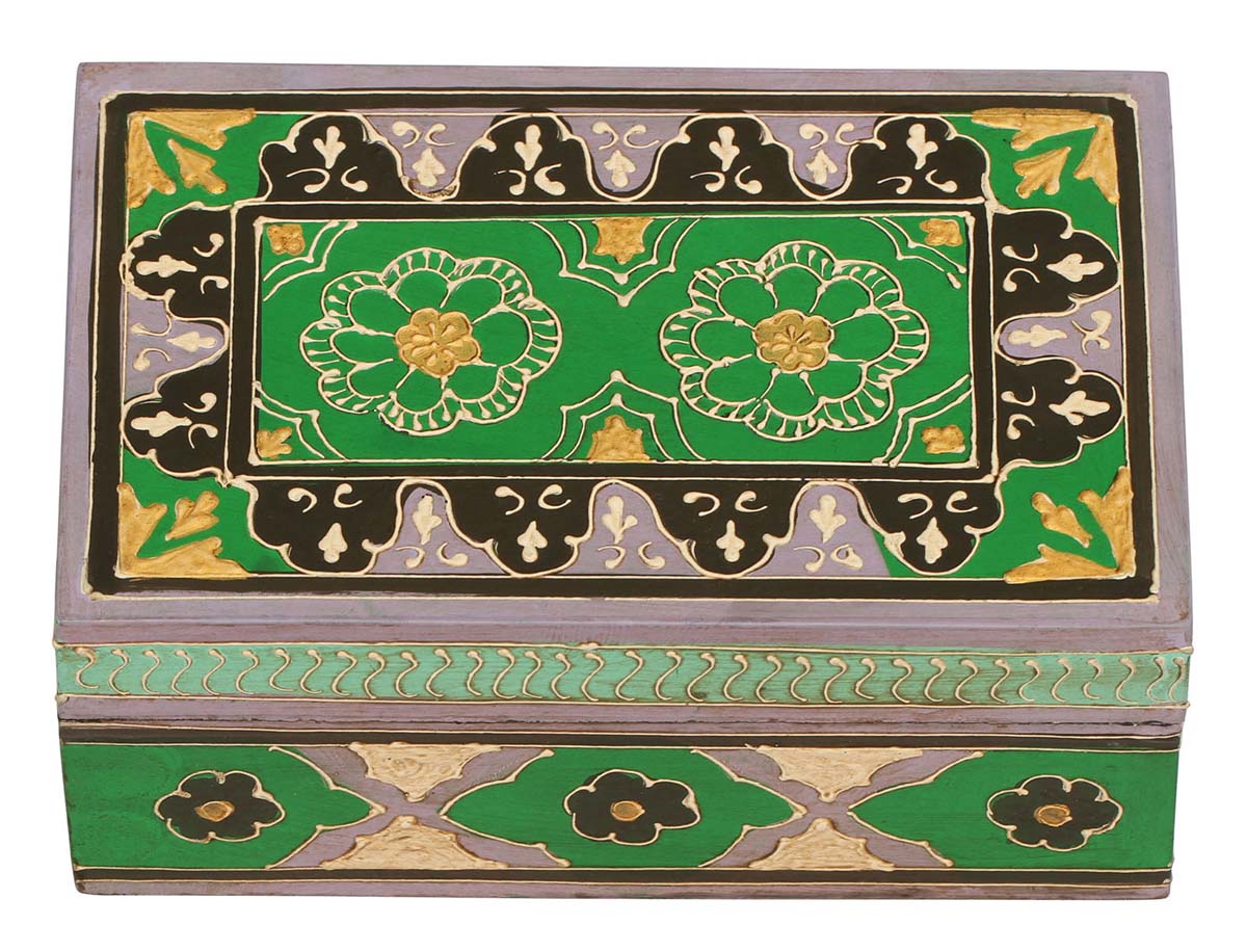 Wholesale 7x4.5” Wooden Vintage Look Green & Black Jewelry Box in Bulk - Handmade Rectangular Wood Jewelry Box/Trinket Box/Keepsake Box with Cone Painting Art - Antique-Look Accessory Holders/Boxes from India
