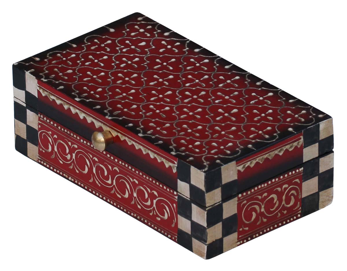 Wholesale 7x4.5” Wooden Vintage Look Red & Black Jewelry Box in Bulk - Handmade Rectangular Wood Jewelry Box/Trinket Box/Keepsake Box with Cone Painting Art - Antique-Look Accessory Holders/Boxes from India