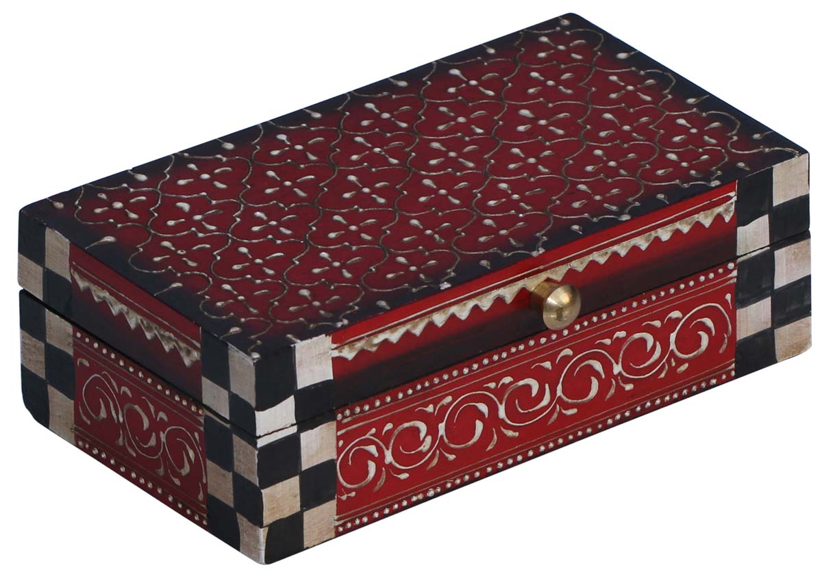 Wholesale 7x4.5” Wooden Vintage Look Red & Black Jewelry Box in Bulk - Handmade Rectangular Wood Jewelry Box/Trinket Box/Keepsake Box with Cone Painting Art - Antique-Look Accessory Holders/Boxes from India