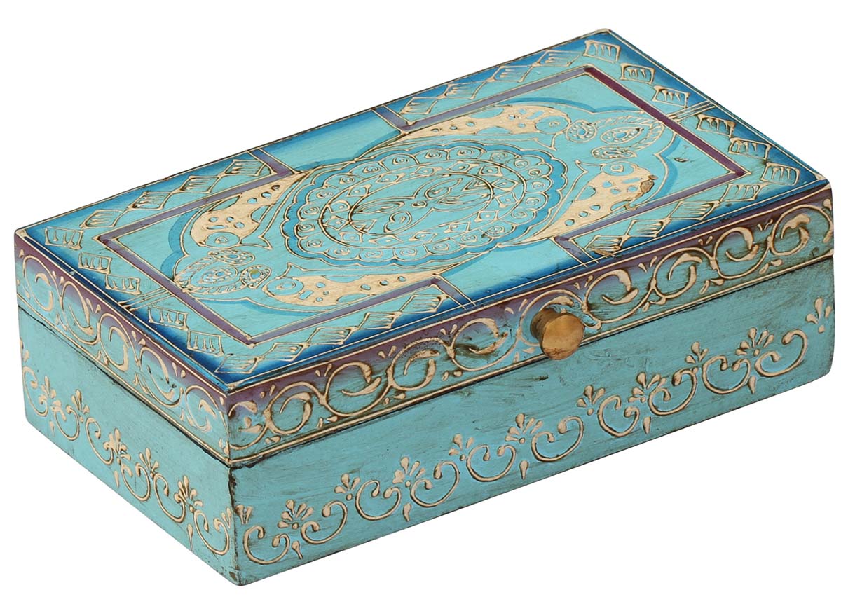 Wholesale 8 x 4.5” Wooden Blue Jewelry Box in Bulk - Handmade Rectangular Wood Jewelry Box/Trinket Box/Keepsake Box with Cone Painting Designs - Antique-Look Accessory Holders/Boxes from India
