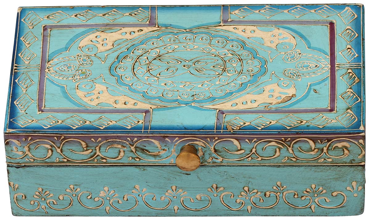 Wholesale 8 x 4.5” Wooden Blue Jewelry Box in Bulk - Handmade Rectangular Wood Jewelry Box/Trinket Box/Keepsake Box with Cone Painting Designs - Antique-Look Accessory Holders/Boxes from India