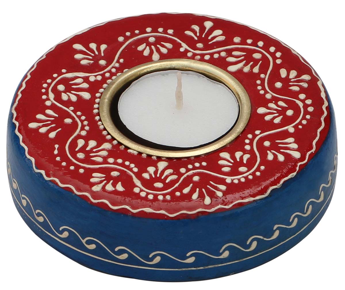 Bulk Wholesale Candle Holder in Compressed Wood – Hand-Carved 4.1” Tea-Light Stand Hand-Painted in Bright Colors – Ethnic-Look Home Décor from India