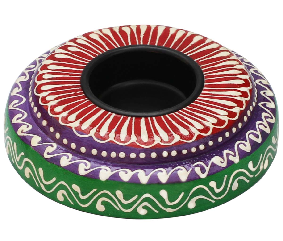 Rituals in Color – 4.1" Tea-Light / Candle Holder in Wood - Colorful Centrepiece with Cone-Painting Art - Home Décor / Housewarming Gifts - Party Decorations - Buy in Bulk Wholesale