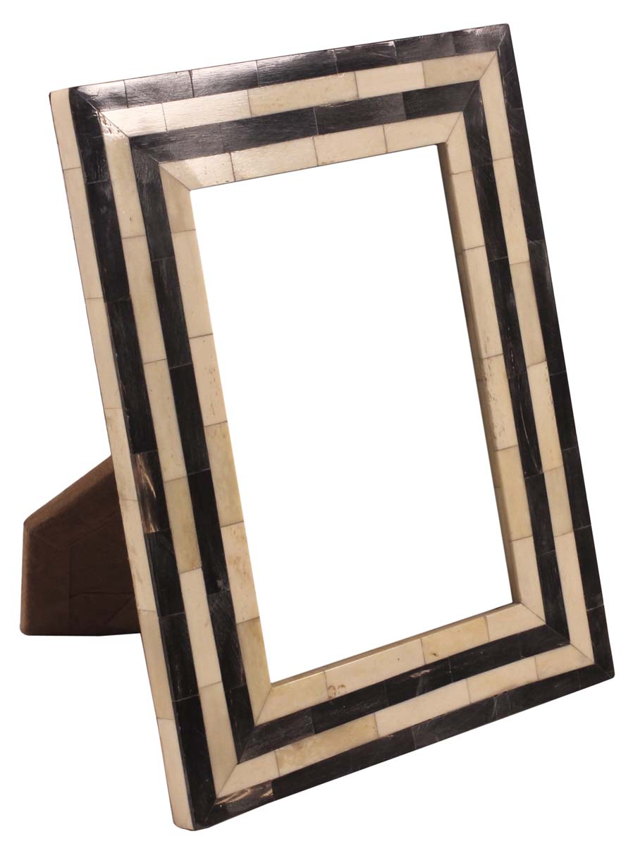 4x6 Striped Photo-Frame / Picture Holder in Natural-Bone & Mango-Wood - Black & Off-White - Antique-Look Home Decor - Buy in Bulk Wholesale