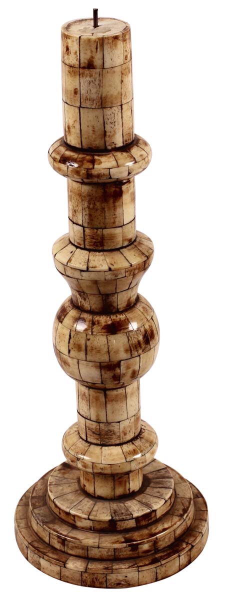 15.5” Decorative Pillar Candle-Stand in Natural Bone - Bone Color - Antique-Look Home Decor - Buy in Bulk Wholesale