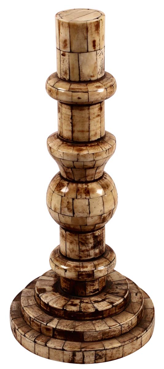 13” Decorative Pillar Candle-Stand in Natural Bone - Chequered Bone Color - Antique-Look Home Decor - Buy in Bulk Wholesale