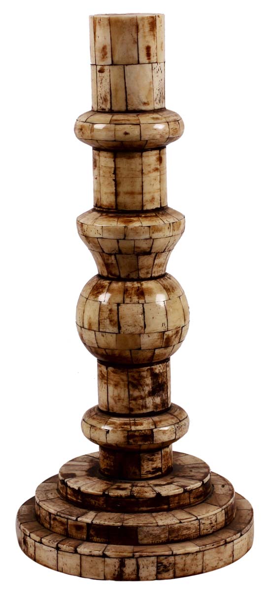 13” Decorative Pillar Candle-Stand in Natural Bone - Chequered Bone Color - Antique-Look Home Decor - Buy in Bulk Wholesale