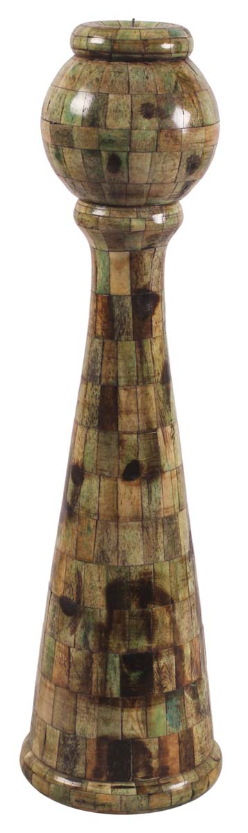18” Decorative Tall Pillar Candle-Stand in Natural Bone - Chequered Olive & Green Color - Antique-Look Home Decor - Buy in Bulk Wholesale