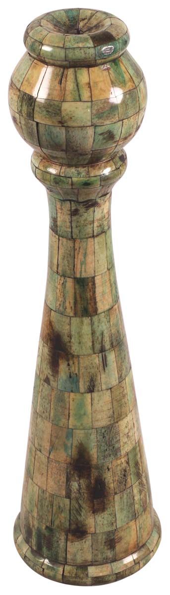 15” Decorative Tall Pillar Candle-Stand in Natural Bone - Chequered Olive & Green Color - Antique-Look Home Decor - Buy in Bulk Wholesale