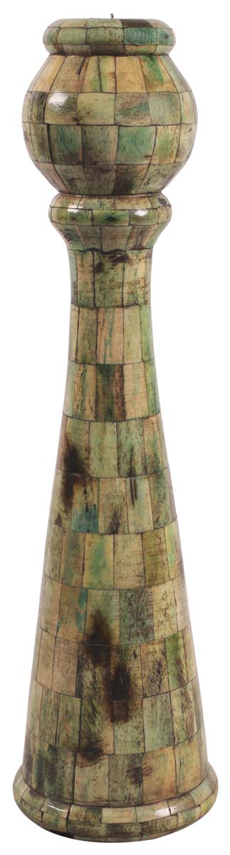 15” Decorative Tall Pillar Candle-Stand in Natural Bone - Chequered Olive & Green Color - Antique-Look Home Decor - Buy in Bulk Wholesale