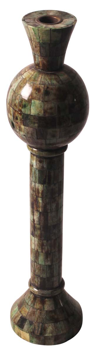 18” Decorative Tall Pillar Candle-Stand in Natural Bone - Chequered Dark-Green Color - Antique-Look Home Decor - Buy in Bulk Wholesale
