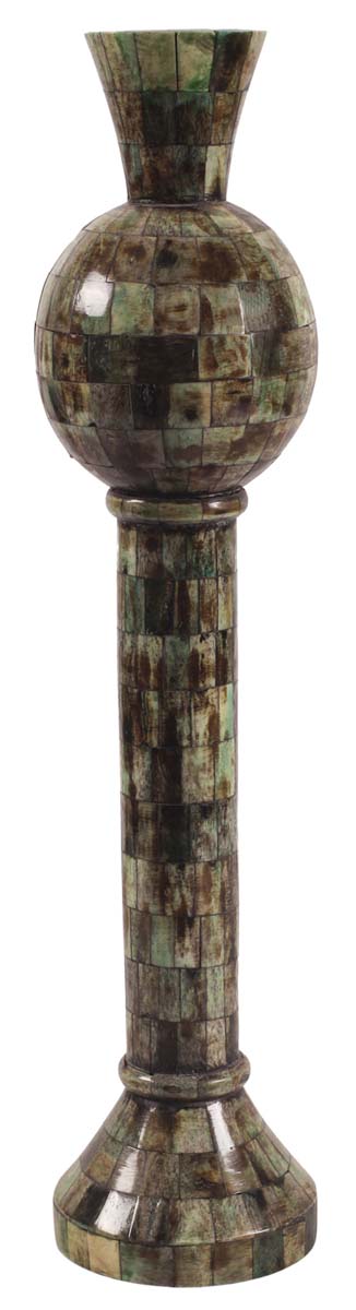 18” Decorative Tall Pillar Candle-Stand in Natural Bone - Chequered Dark-Green Color - Antique-Look Home Decor - Buy in Bulk Wholesale