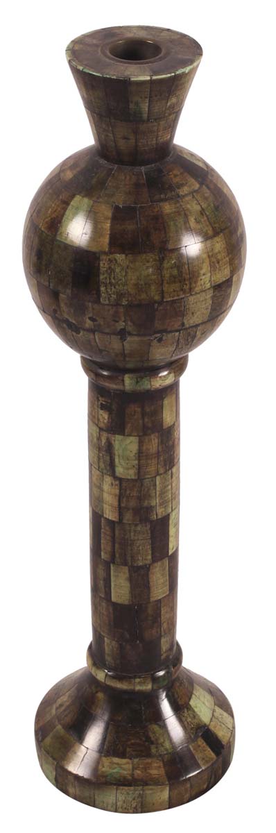 15” Decorative Tall Pillar Candle-Stand in Natural Bone - Chequered Dark-Brown Color - Antique-Look Home Decor - Buy in Bulk Wholesale