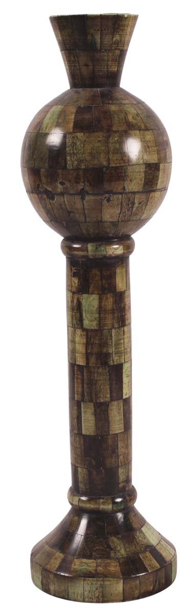 15” Decorative Tall Pillar Candle-Stand in Natural Bone - Chequered Dark-Brown Color - Antique-Look Home Decor - Buy in Bulk Wholesale
