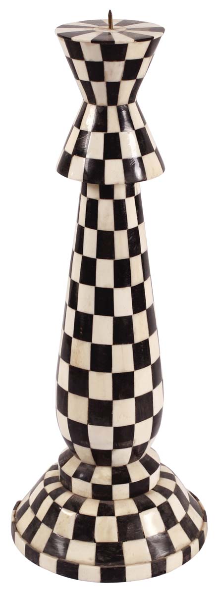 15” Decorative Tall Pillar Candle-Stand in Natural Bone - Chequered Black & White - Antique-Look Home Decor - Buy in Bulk Wholesale
