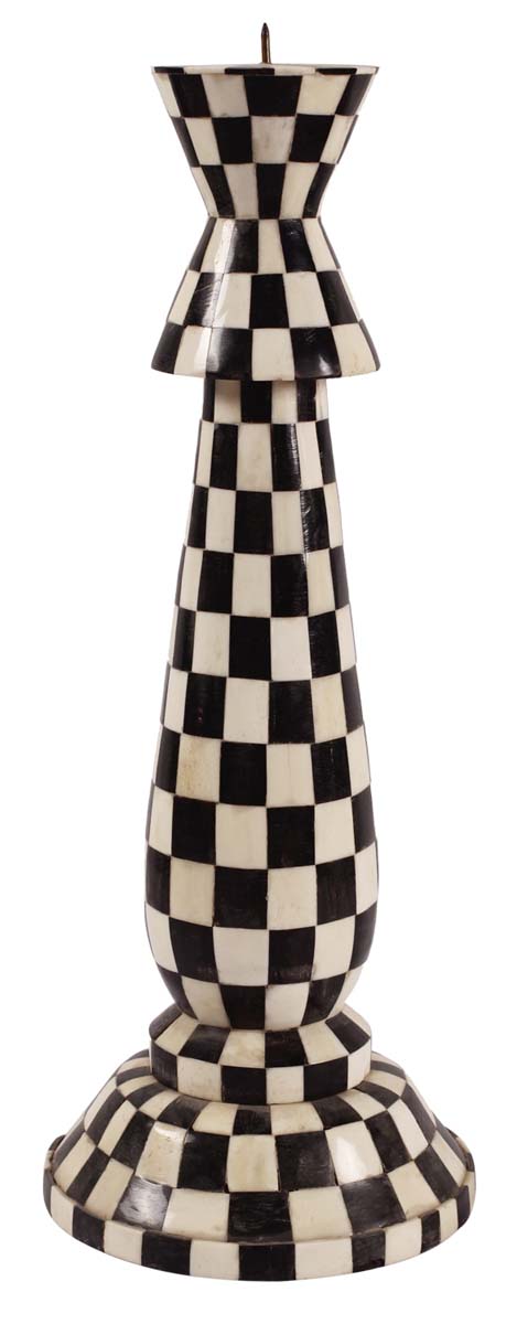 15” Decorative Tall Pillar Candle-Stand in Natural Bone - Chequered Black & White - Antique-Look Home Decor - Buy in Bulk Wholesale