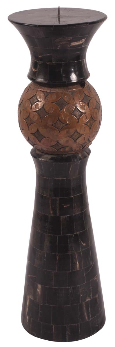 15” Decorative Tall Pillar Candle-Stand in Natural Bone with Copper-Work - Black & Brown - Antique-Look Home Decor - Buy in Bulk Wholesale