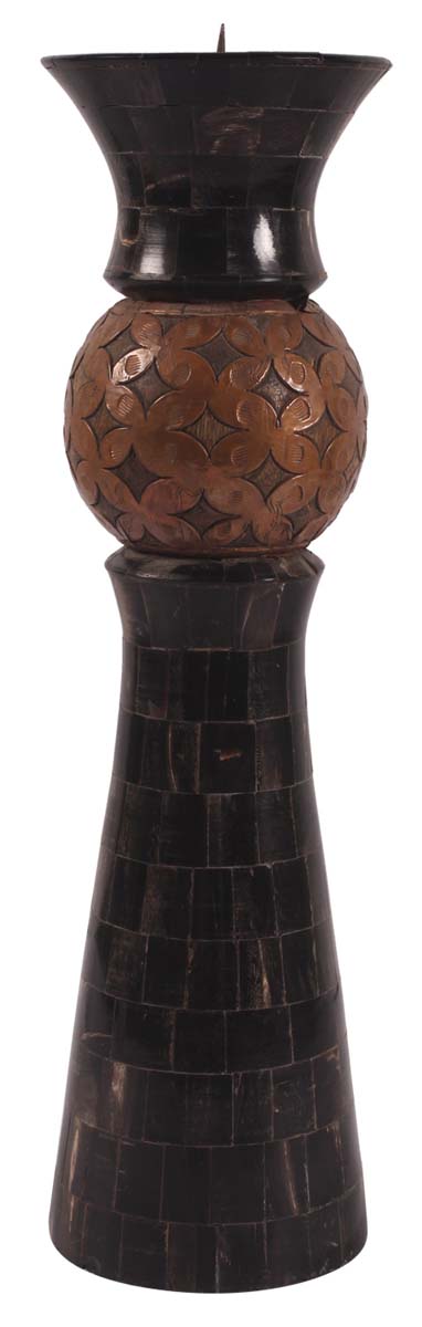 15” Decorative Tall Pillar Candle-Stand in Natural Bone with Copper-Work - Black & Brown - Antique-Look Home Decor - Buy in Bulk Wholesale