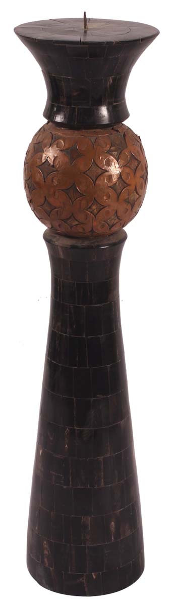 18” Decorative Tall Pillar Candle-Stand in Natural Bone with Brass-Work - Black & Brown - Antique-Look Home Decor - Buy in Bulk Wholesale