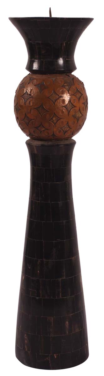 18” Decorative Tall Pillar Candle-Stand in Natural Bone with Brass-Work - Black & Brown - Antique-Look Home Decor - Buy in Bulk Wholesale