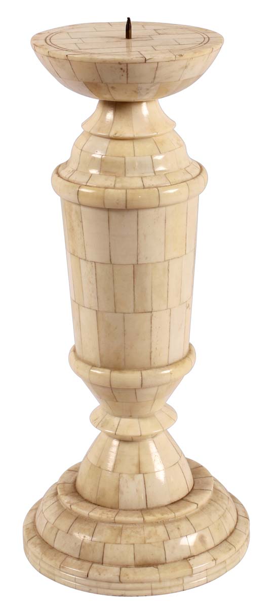10.5” Decorative Tall Pillar Candle-Stand in Natural Bone & Wood - Bone Color - Antique-Look Home Decor - Buy in Bulk Wholesale