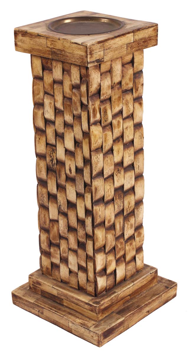 14.5” Decorative Tall Candle-Stand in Natural Bone with Brick Pattern - Burnished Brown - Antique-Look Home Decor - Buy in Bulk Wholesale