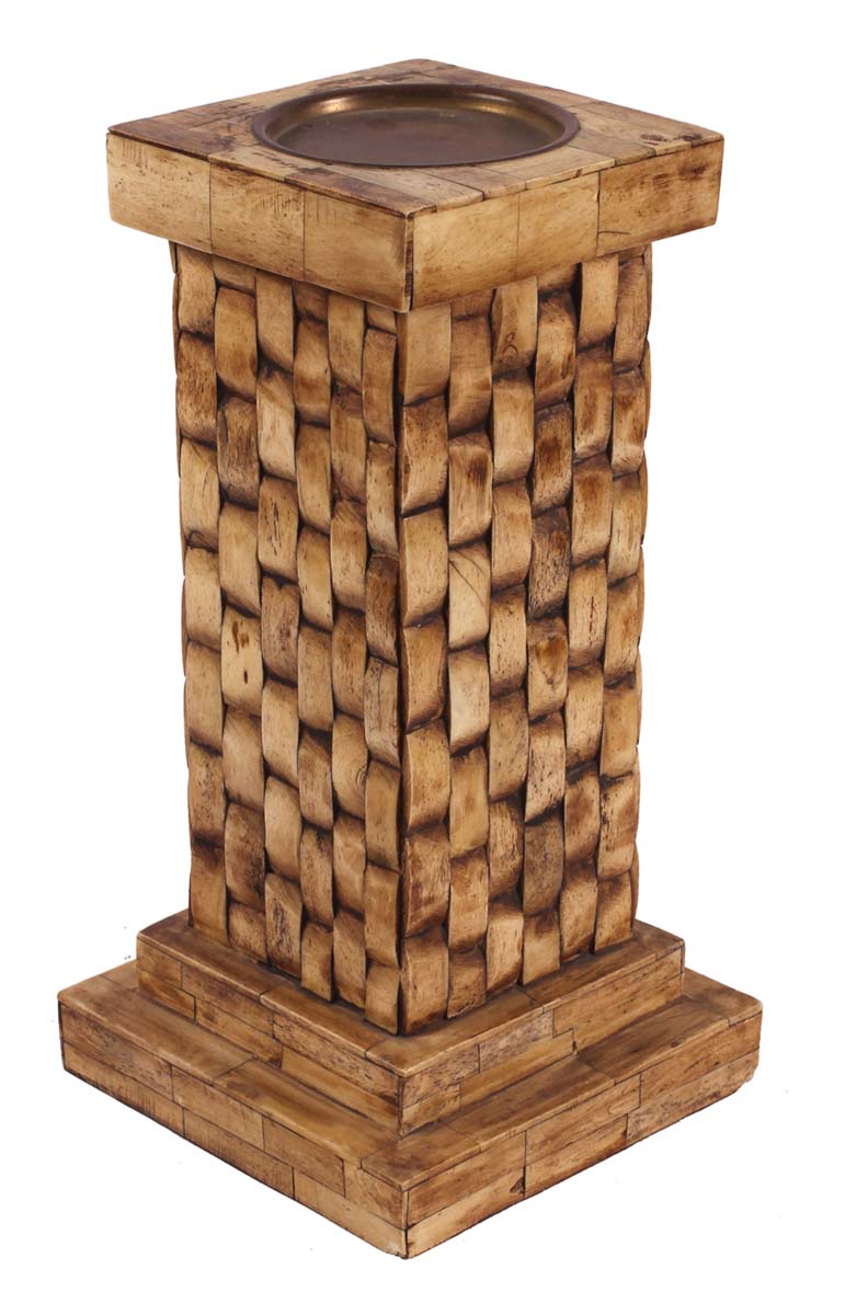 12” Decorative Tall Candle-Stand in Natural Bone with Brick Pattern - Burnished Brown - Antique-Look Home Decor - Buy in Bulk Wholesale