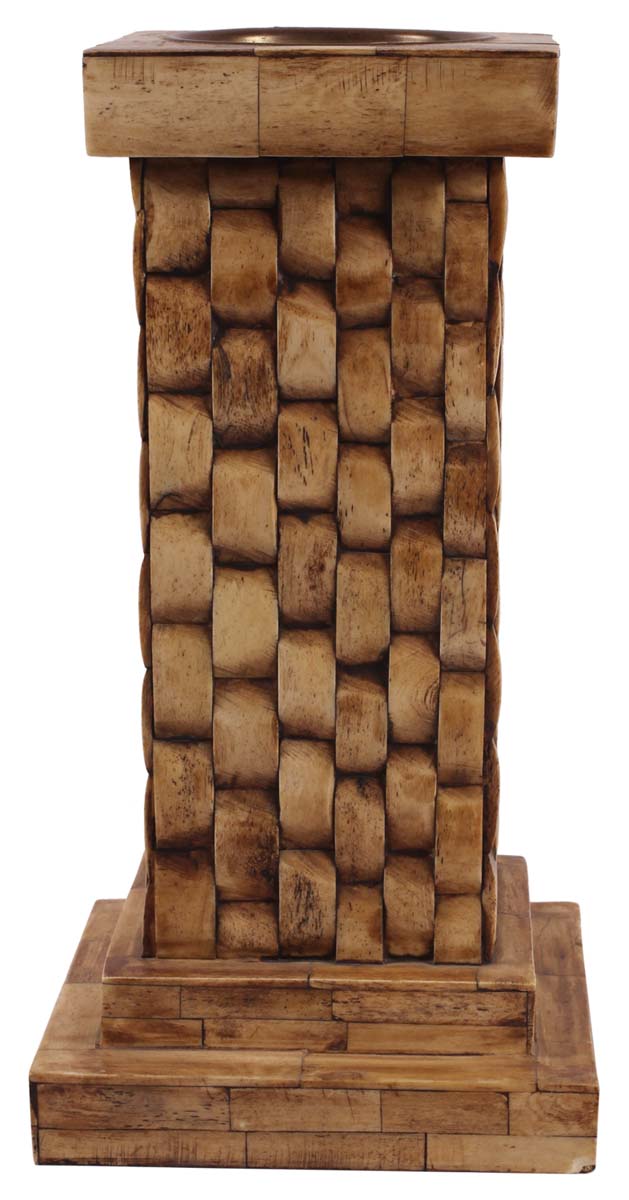 12” Decorative Tall Candle-Stand in Natural Bone with Brick Pattern - Burnished Brown - Antique-Look Home Decor - Buy in Bulk Wholesale