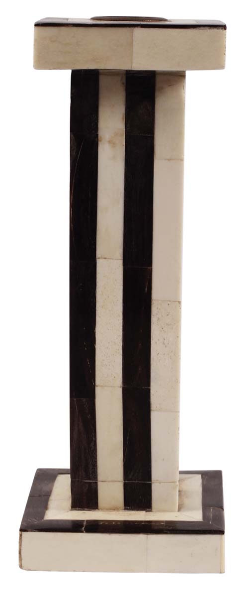 8” Decorative Pillar Candle-Stand in Natural Bone - Black & White Striped Pattern - Antique-Look Home Decor - Buy in Bulk Wholesale