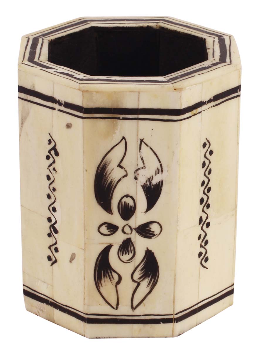 3.5” Octagonal Pen-Stand / Holder in Natural-Bone - with Traditional Motifs in Black on Off-White - Desk Accessories - Buy in Bulk Wholesale