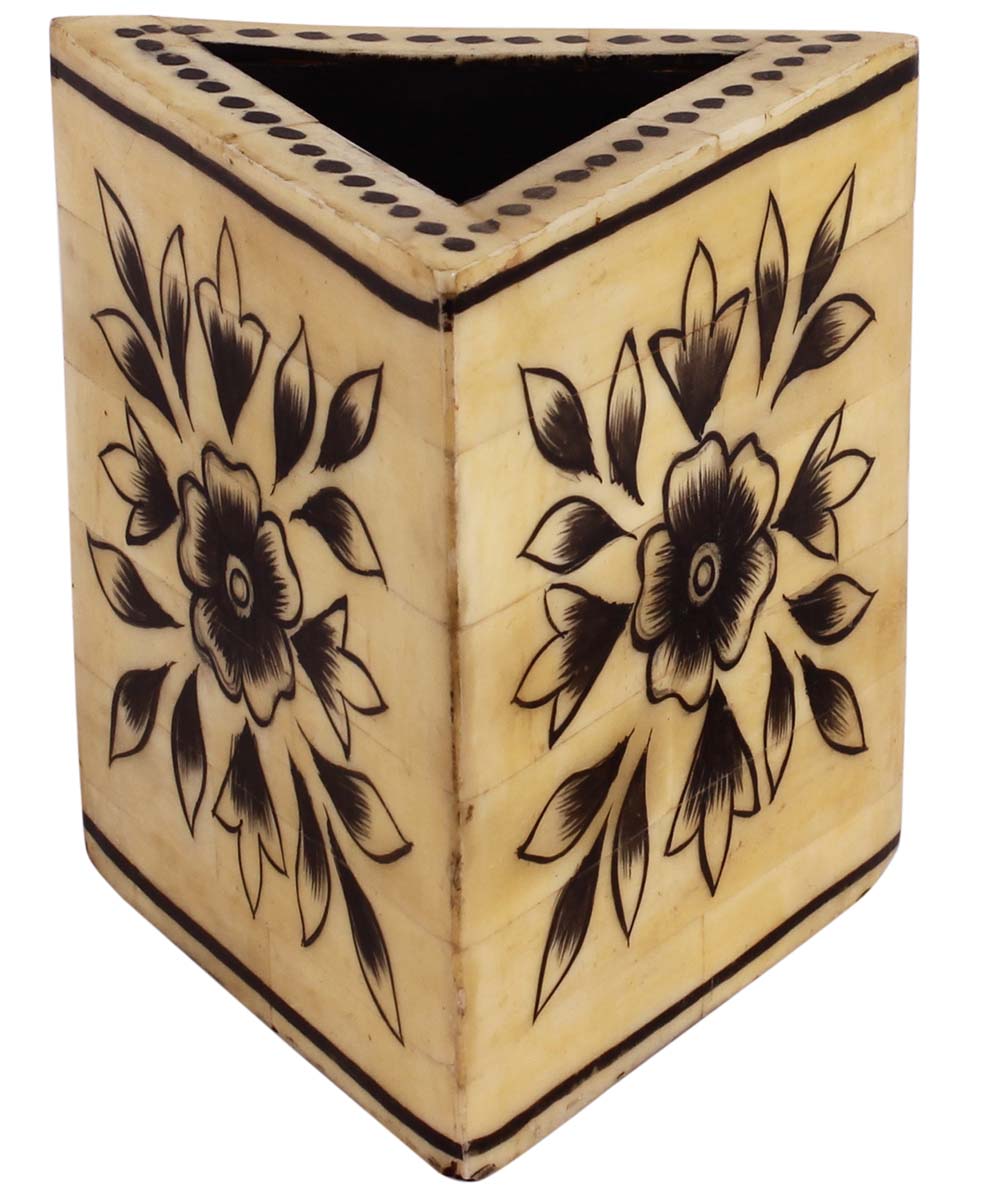 3.5” Triangular Pen-Stand / Holder in Natural-Bone - with Traditional Motifs in Black on Off-White - Desk Accessories - Buy in Bulk Wholesale