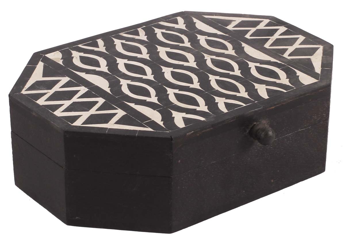 8.5” Hand-Crafted Jewelry-Box in Natural-Bone & Wood - Dark-Brown & Off-White with Traditional Motifs - Antique-Look Storage Boxes / Gifts - Buy in Bulk Wholesale