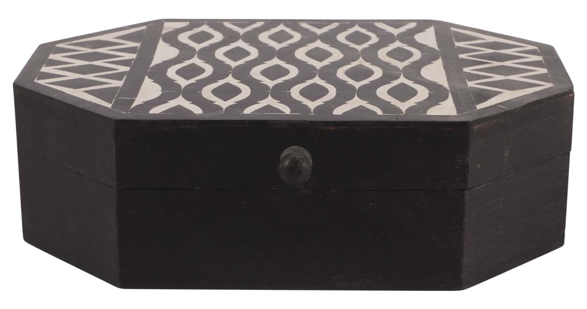8.5” Hand-Crafted Jewelry-Box in Natural-Bone & Wood - Dark-Brown & Off-White with Traditional Motifs - Antique-Look Storage Boxes / Gifts - Buy in Bulk Wholesale