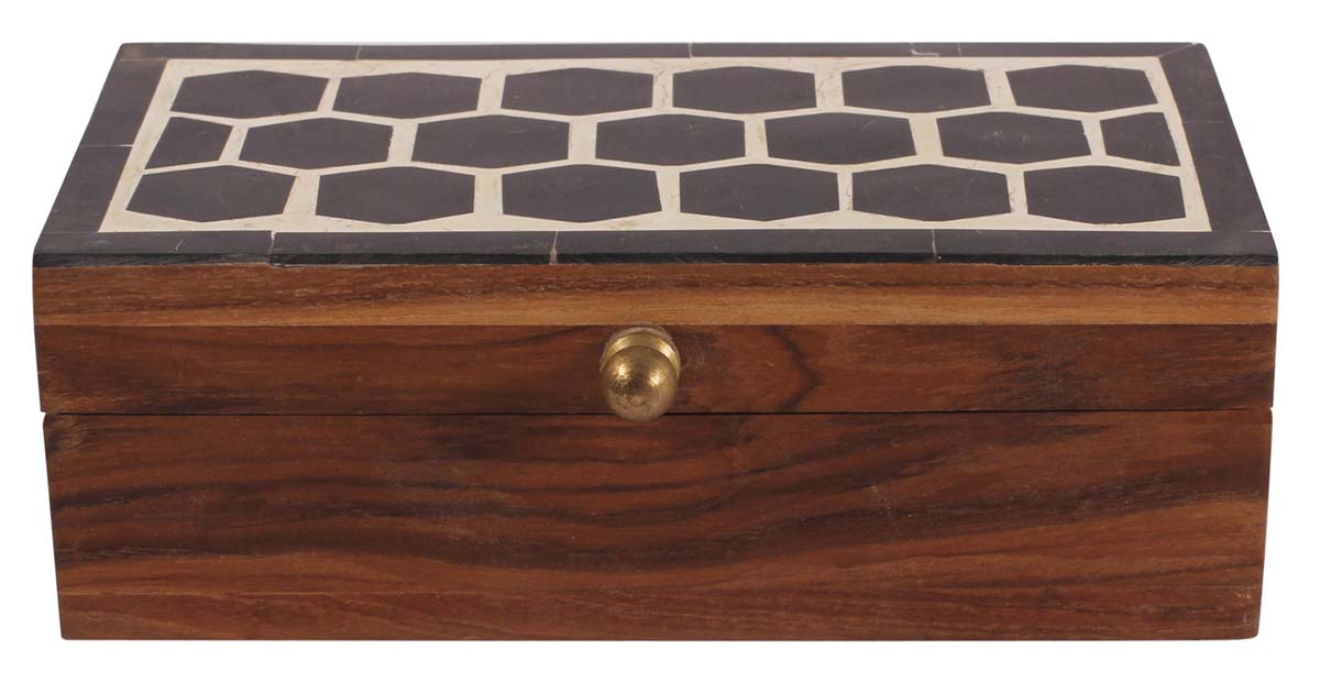 6” Hand-Crafted Jewelry-Box in Natural-Bone & Wood - Brown, Black & Off-White with Geometric Pattern - Antique-Look Storage Boxes / Gifts - Buy in Bulk Wholesale