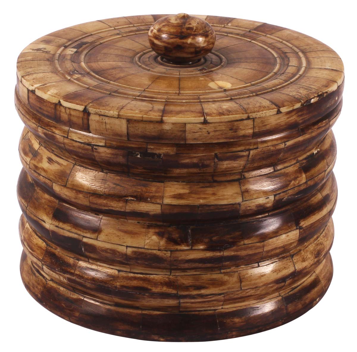 5.5” Hand-Crafted Round Jewelry-Box with Lid in Natural-Bone & Wood - Burnished Finish - Antique-Look Storage Boxes / Gifts - Buy in Bulk Wholesale