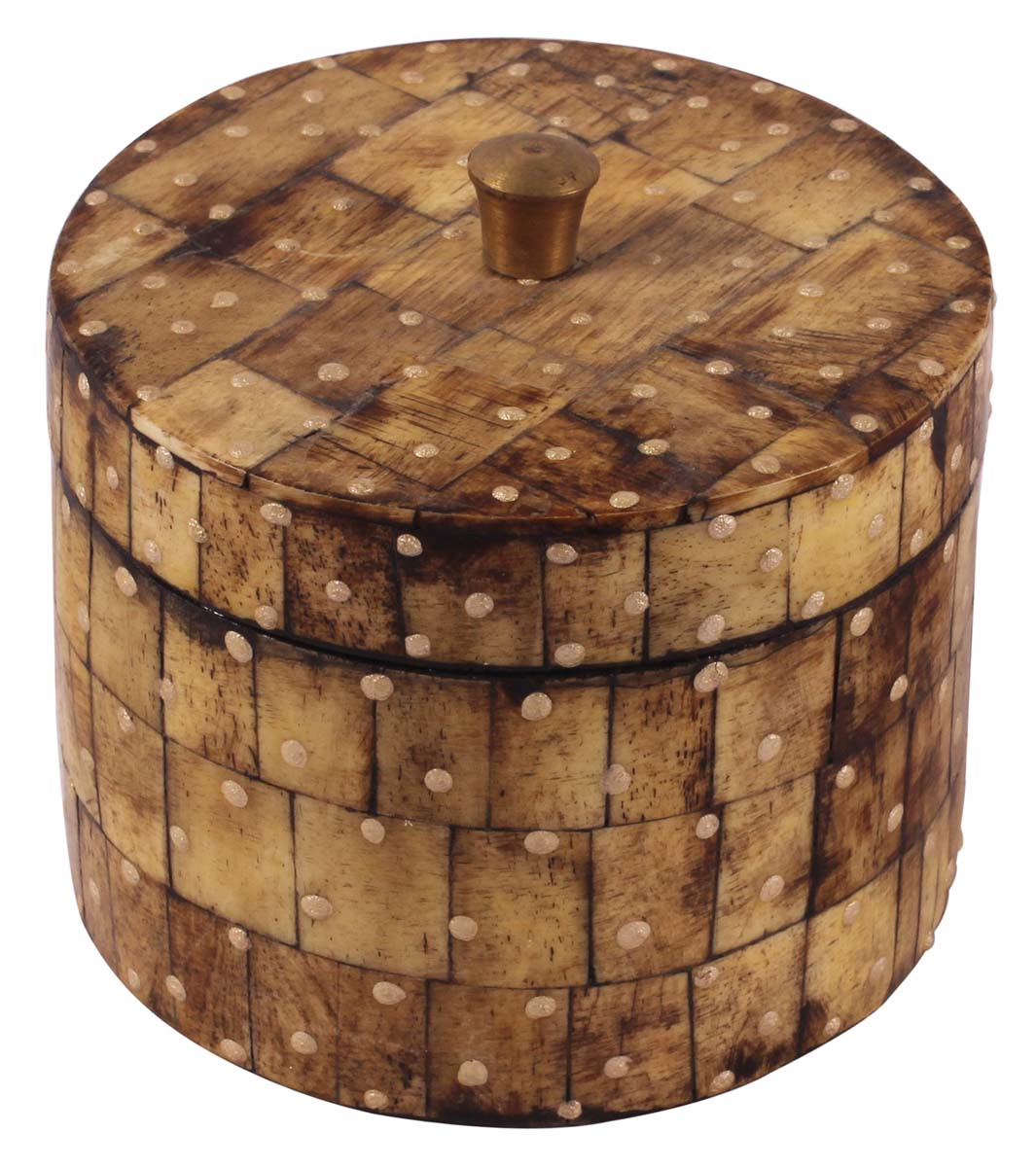 4” Hand-Crafted Round Jewelry-Box with Lid in Natural-Bone & Wood - Burnished Finish & Dotted Pattern - Antique-Look Storage Boxes / Gifts - Buy in Bulk Wholesale