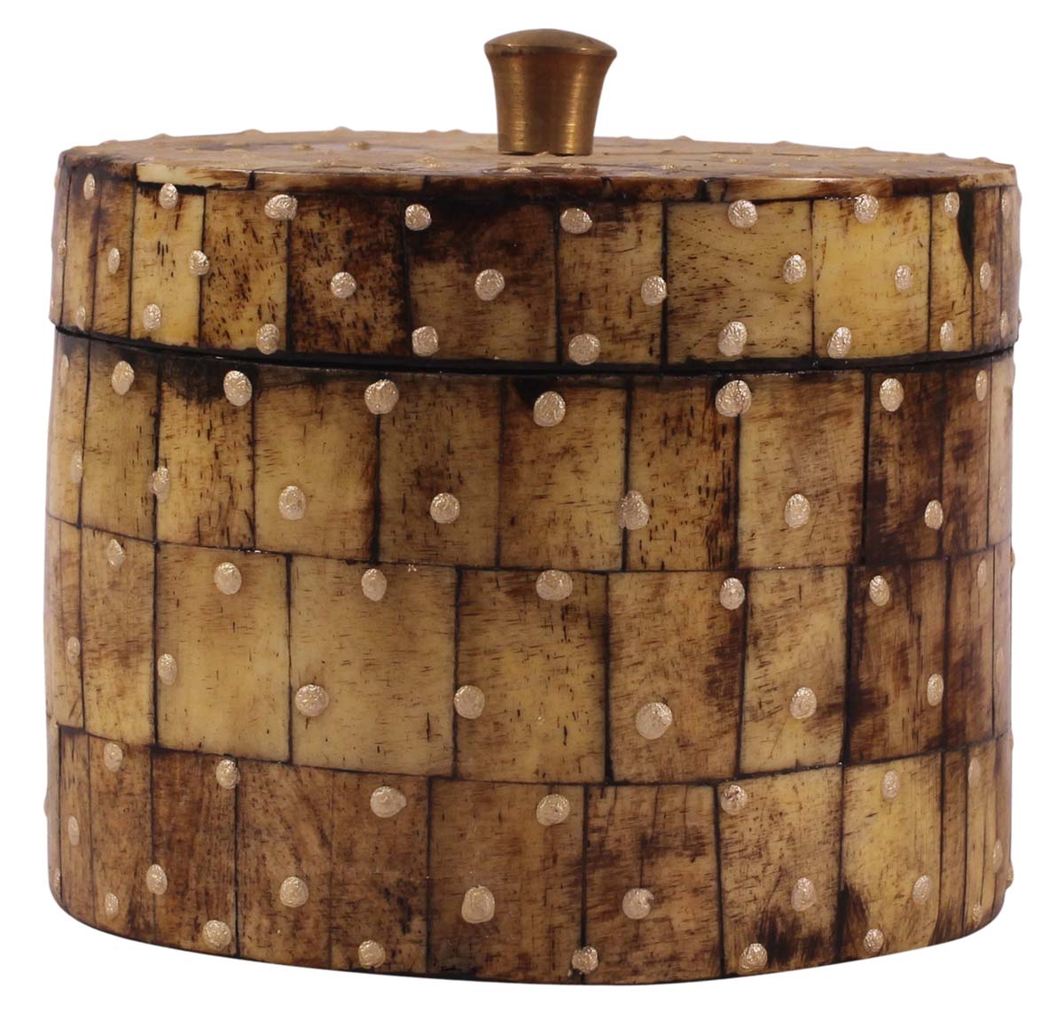 4” Hand-Crafted Round Jewelry-Box with Lid in Natural-Bone & Wood - Burnished Finish & Dotted Pattern - Antique-Look Storage Boxes / Gifts - Buy in Bulk Wholesale
