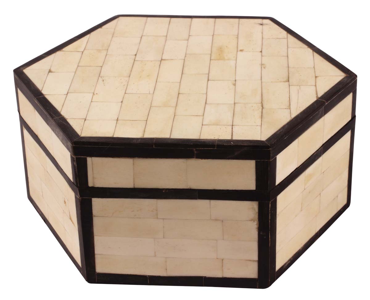 8” Hexagonal Jewelry-Box with Lid in Natural-Bone & Wood - Black & Off-White - Antique-Look Storage Boxes / Gifts - Buy in Bulk Wholesale