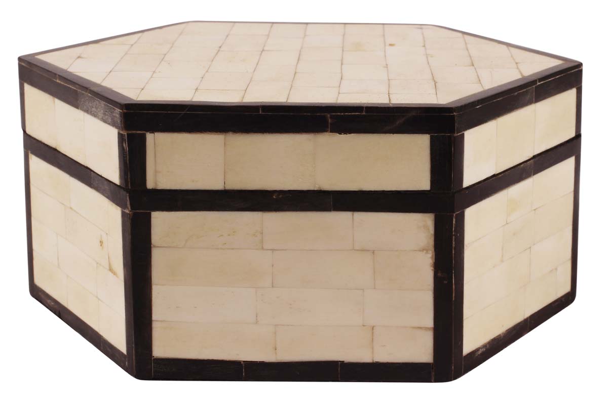 8” Hexagonal Jewelry-Box with Lid in Natural-Bone & Wood - Black & Off-White - Antique-Look Storage Boxes / Gifts - Buy in Bulk Wholesale