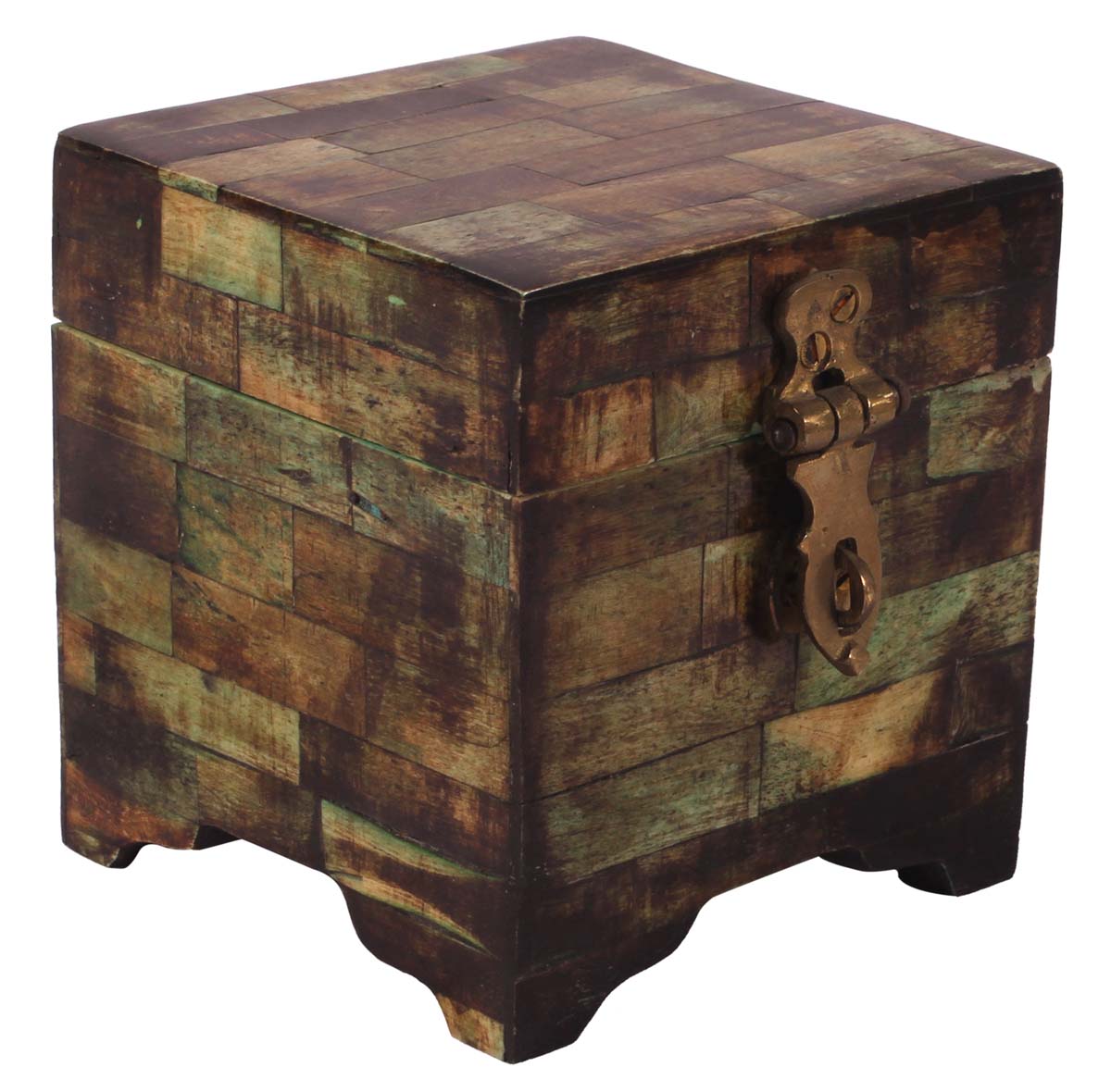 4”Square Jewelry-Box in Natural-Bone & Mango-Wood - Shades of Green & Brown - Antique-Look Storage Boxes / Gifts - Buy in Bulk Wholesale