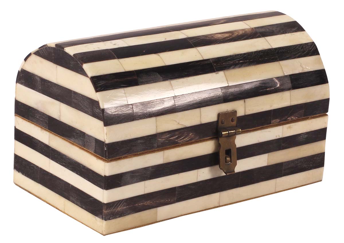 6” Treasure-Chest / Jewelry-Box in Natural-Bone & Wood - Black & White Stripes - Antique-Look Storage Boxes / Gifts - Buy in Bulk Wholesale