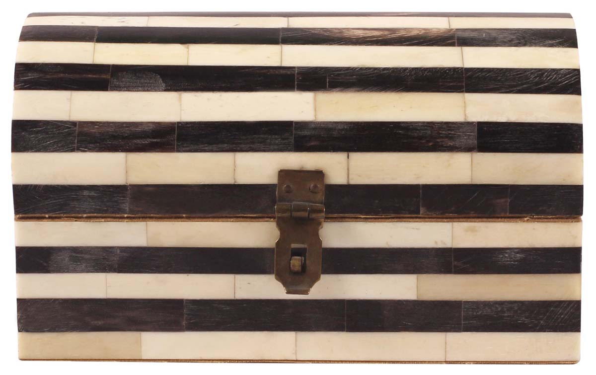 6” Treasure-Chest / Jewelry-Box in Natural-Bone & Wood - Black & White Stripes - Antique-Look Storage Boxes / Gifts - Buy in Bulk Wholesale
