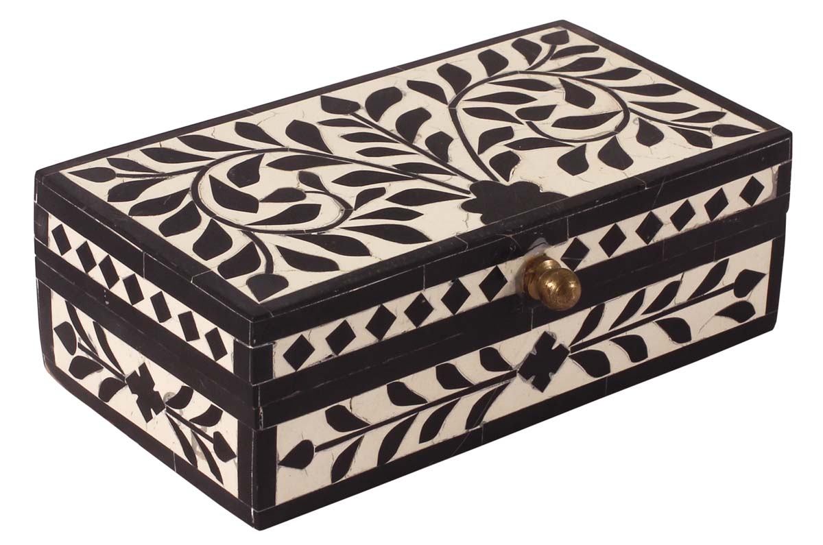 6.5” Treasure-Chest / Jewelry-Box in Natural-Bone & Wood - Black & White Leaf Motifs - Antique-Look Storage Boxes / Gifts - Buy in Bulk Wholesale