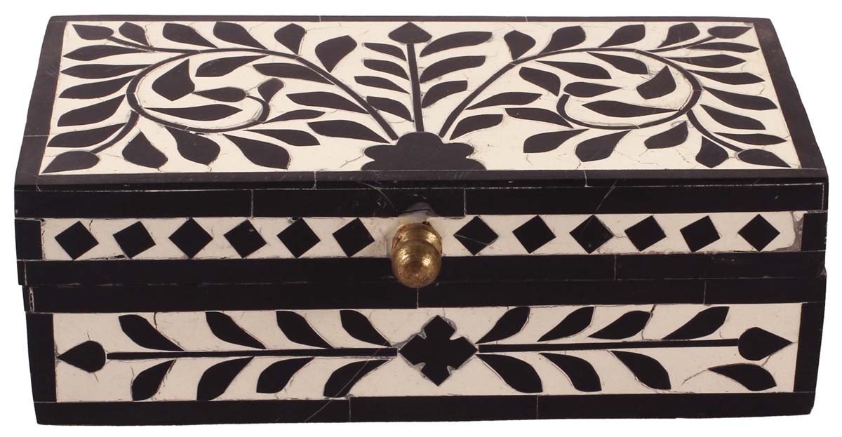 6.5” Treasure-Chest / Jewelry-Box in Natural-Bone & Wood - Black & White Leaf Motifs - Antique-Look Storage Boxes / Gifts - Buy in Bulk Wholesale