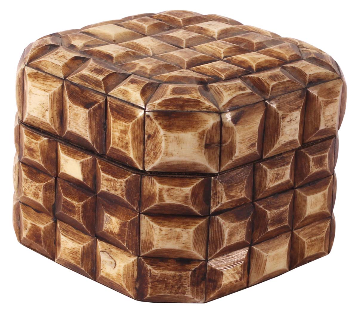 4” Square Jewelry-Box in Natural-Bone & Wood - Textured Tile Pattern -Burnished Brown - Antique-Look Storage Boxes / Gifts - Buy in Bulk Wholesale