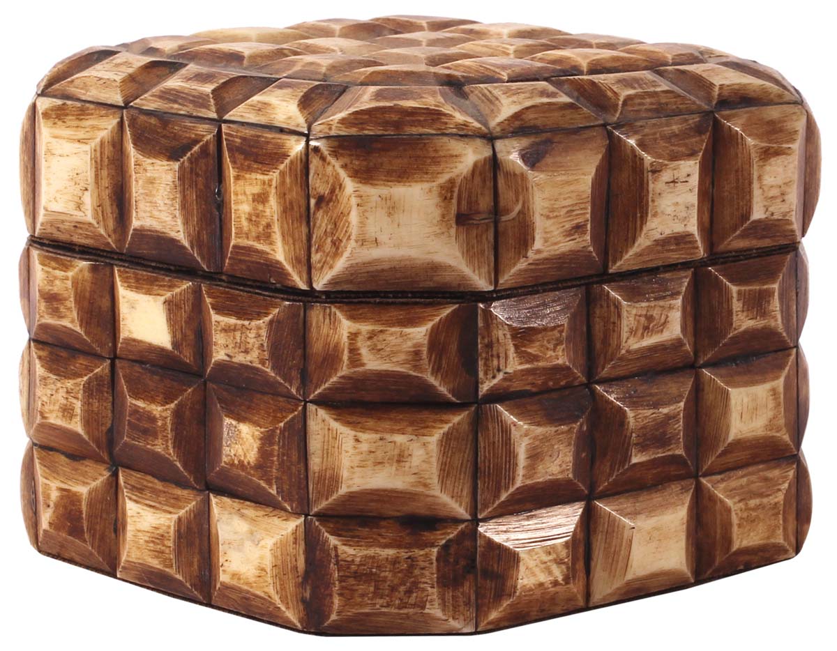 4” Square Jewelry-Box in Natural-Bone & Wood - Textured Tile Pattern -Burnished Brown - Antique-Look Storage Boxes / Gifts - Buy in Bulk Wholesale