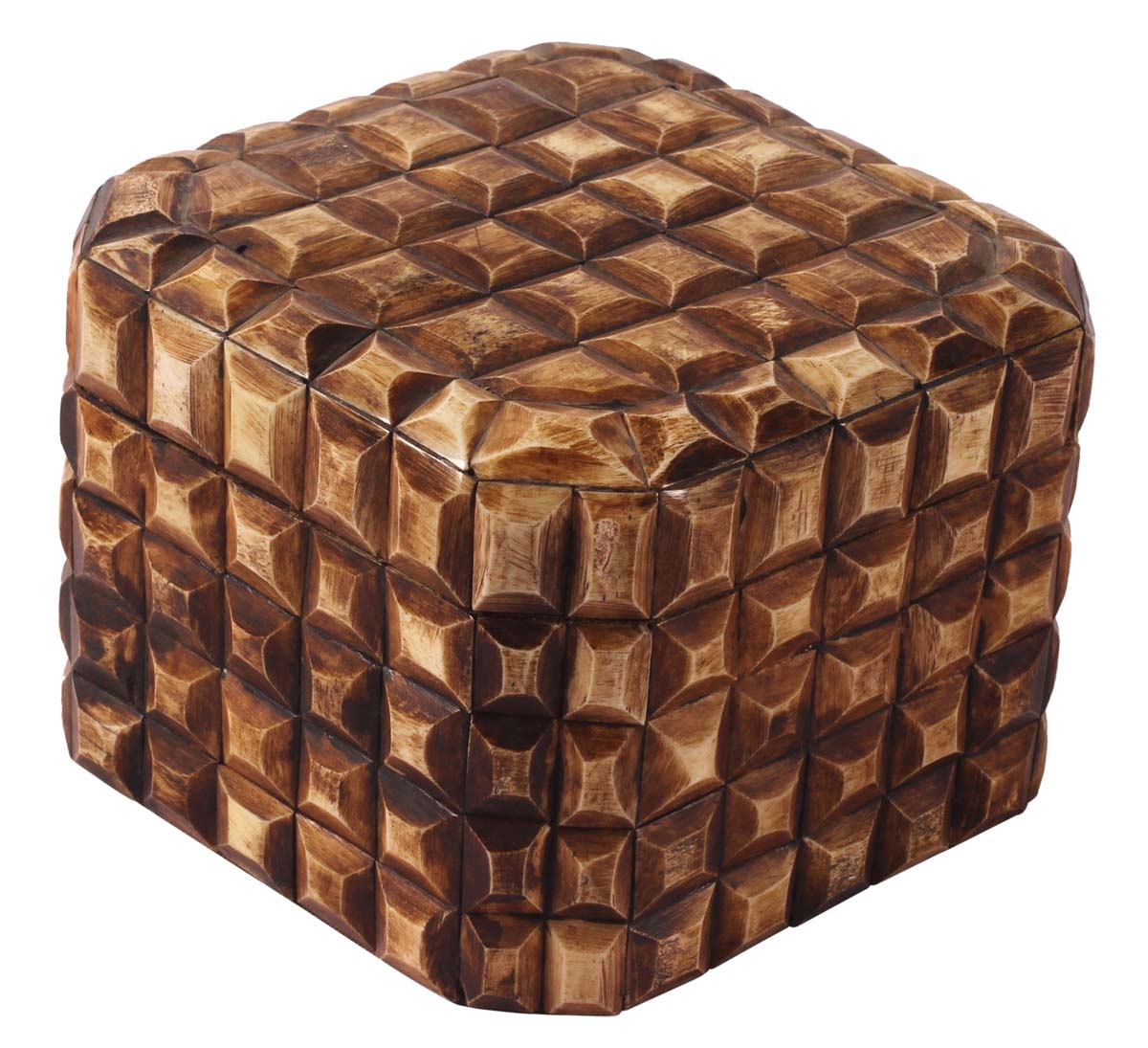 5” Square Jewelry-Box in Natural-Bone & Wood - Textured Tile Pattern -Burnished Brown - Antique-Look Storage Boxes / Gifts - Buy in Bulk Wholesale
