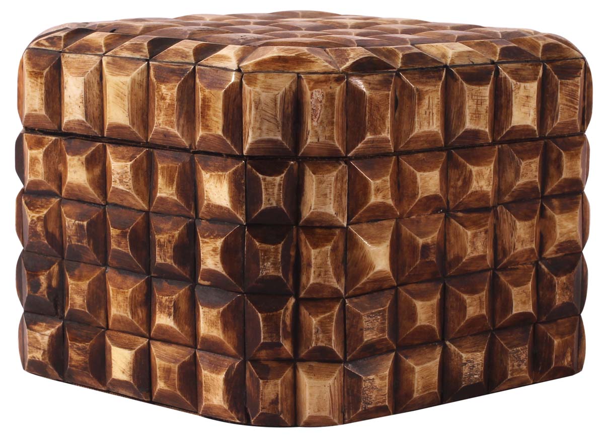 5” Square Jewelry-Box in Natural-Bone & Wood - Textured Tile Pattern -Burnished Brown - Antique-Look Storage Boxes / Gifts - Buy in Bulk Wholesale