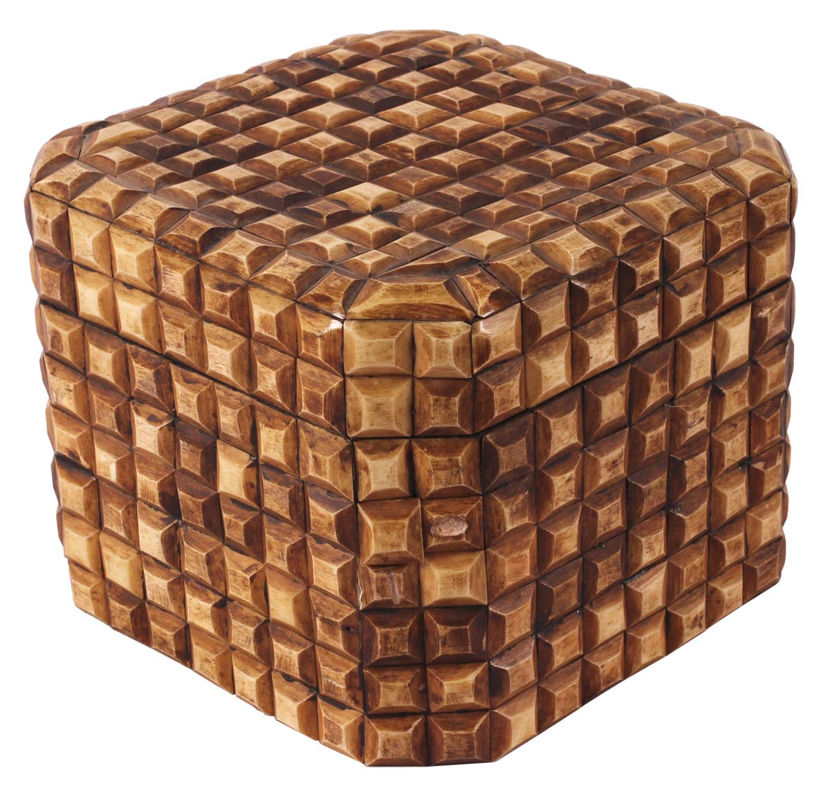 7” Square Jewelry-Box in Natural-Bone & Wood - Textured Tile Pattern -Burnished Brown - Antique-Look Storage Boxes / Gifts - Buy in Bulk Wholesale