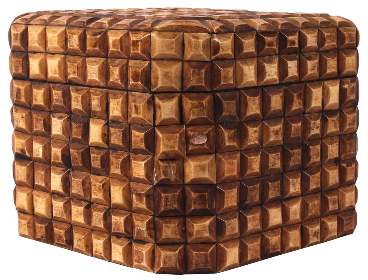 7” Square Jewelry-Box in Natural-Bone & Wood - Textured Tile Pattern -Burnished Brown - Antique-Look Storage Boxes / Gifts - Buy in Bulk Wholesale